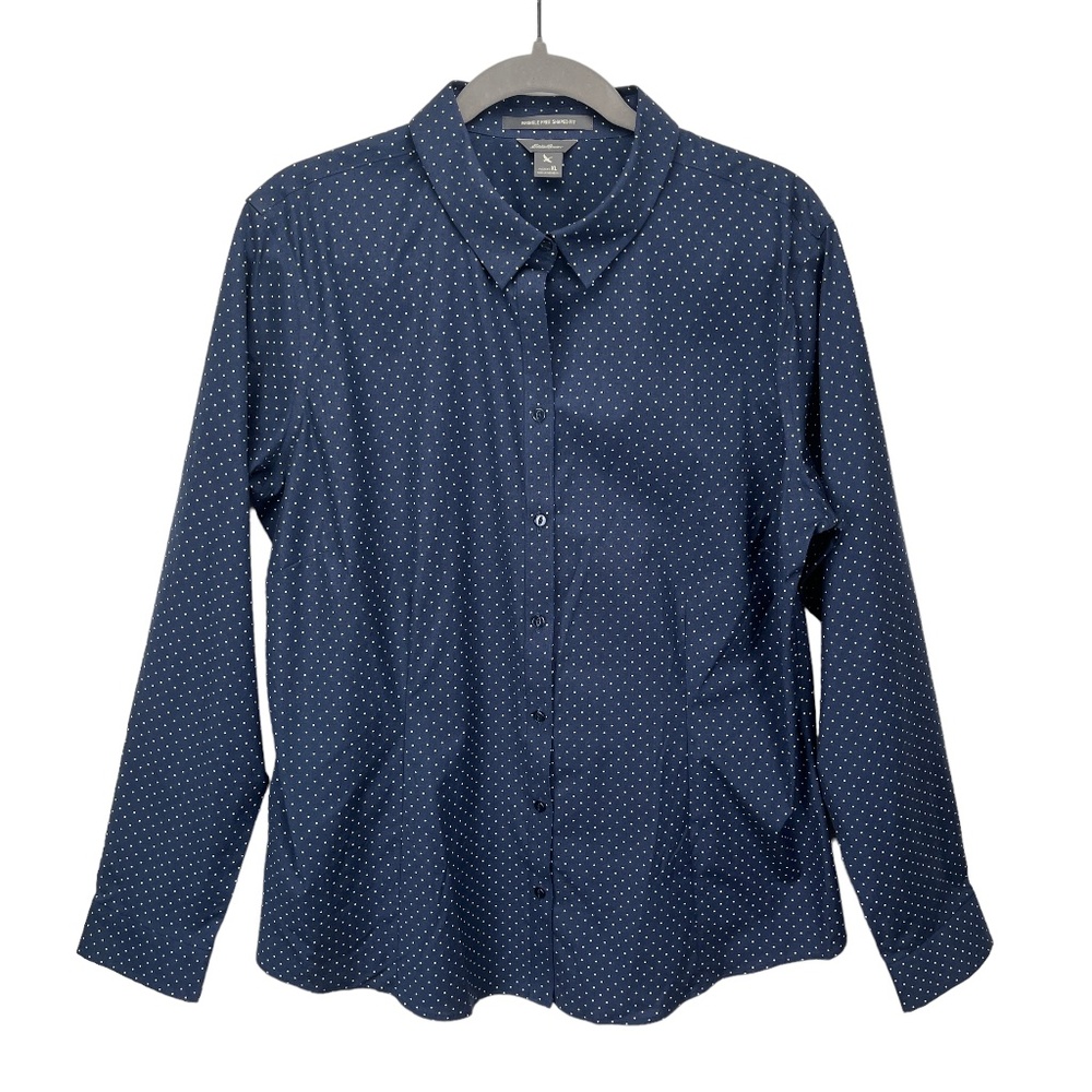 ⛔️ SOLD! ⛔️ Eddie Bauer Polka Dot Shirt Long Sleeve Button Fitted Stretch Blue